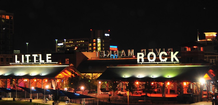The Little Rock River Market district lit up at night